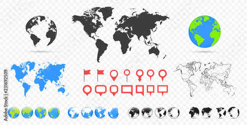 Fototapeta Naklejka Na Ścianę i Meble -  World maps and globes set. Vector business background. Pins set.