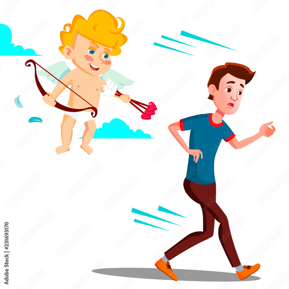 Frightened Teen Guy Running From Valentine s Day Cupid Vector. Illustration Frightened Teen Guy Running From Valentine s Day Cupid Vector. Illustration