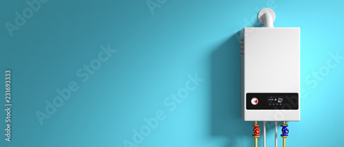 Home gas boiler, water heater isolated on blue background. 3d illustration photo
