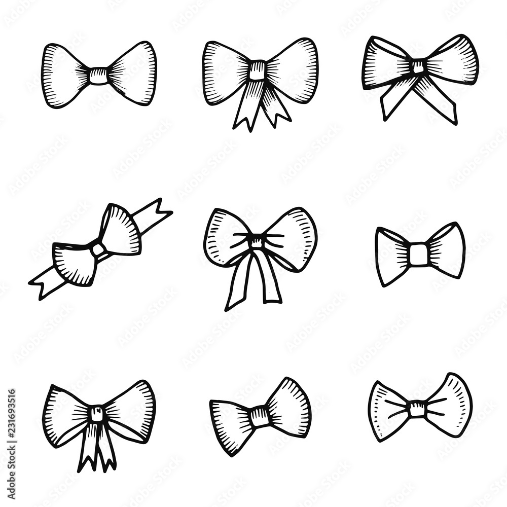 Bows festive set of sketch icons. isolated vector object