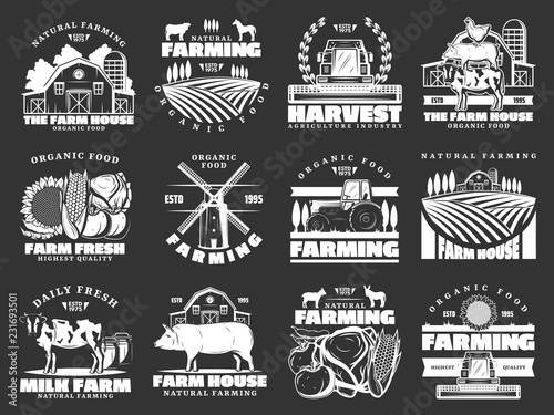 Farming, cattle farm and agriculture vector icons