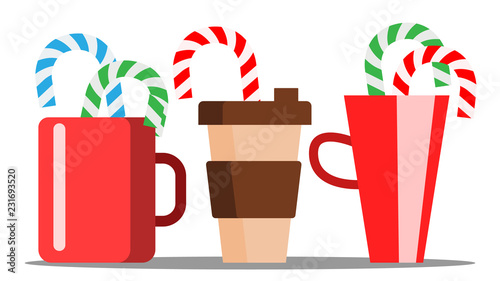 Cup Of Hot Coffee With Christmas Candy Sticking Out Vector. Illustration