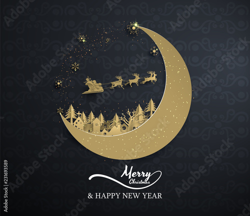 santa claus and town in moon on black background,merry christmas ,happy new year