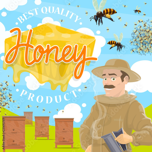 Beekeeping farm poster with beekeeper at apiary