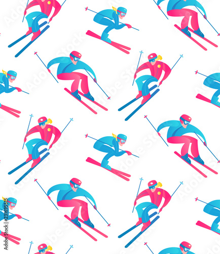 Winter Sport Seamless Pattern. Skiers and Snow.