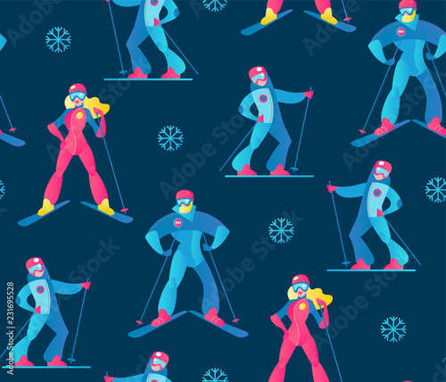 Winter Sport Seamless Pattern. Skiers and Snow.