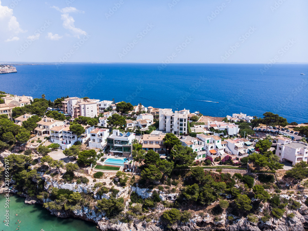 Aerial view, Spain, Balearic Islands, Mallorca, municipality of Llucmajor, Cala Pi bay with beach and rocky coast and Gates de Cala Pi
