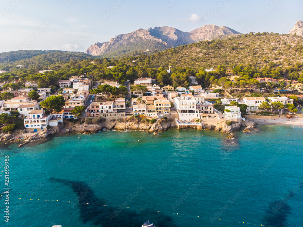 Aerial view, Spain, Balearic Islands, Majorca, Andratx region, Sant Elm or Sam Telmo, coast and natural harbor Aerial view, Spain, Balearic Islands, Majorca, Andratx region, Sant Elm or Sam Telmo, coast and natural harbor