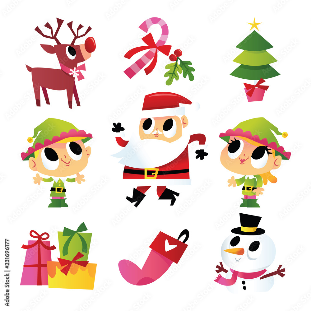 Fototapeta premium Super Cute Cartoon Christmas Characters Decorations Set