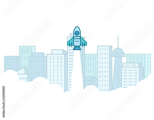 Startup rocket banner. Space rocket flying up with white smoke. Launch of project. Line style thin line landing page template. Big city buildings and skyscrapers on background.