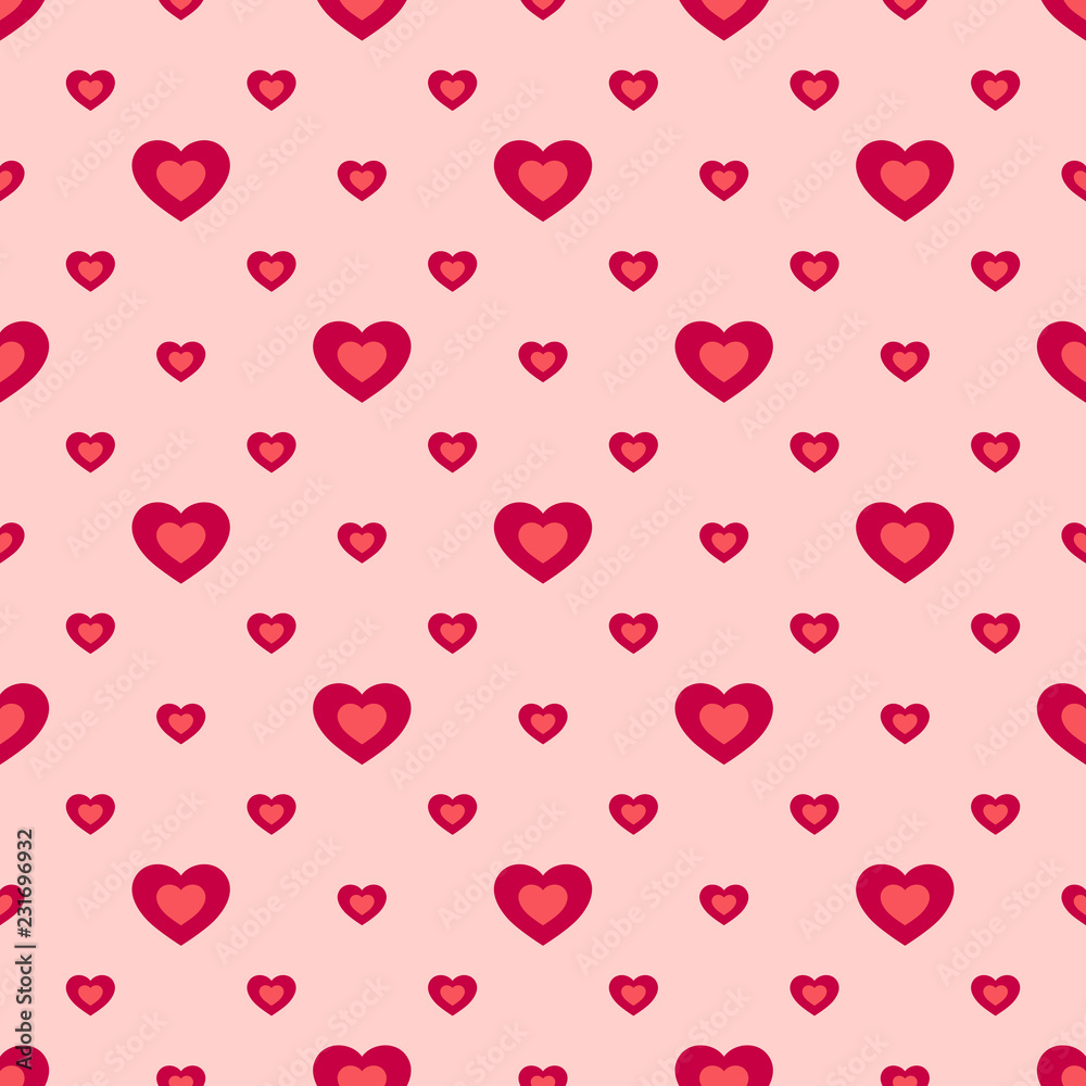 Valentines day vector seamless pattern with hearts in pink and red colors