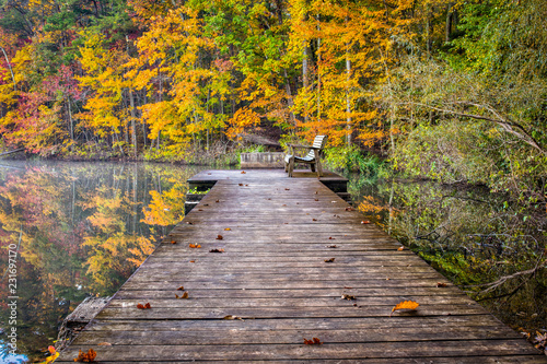 Fototapeta Naklejka Na Ścianę i Meble -  Please sit, enjoy.  A wood bench sits on a pier in a serene portion of a lake surrounded by the beautiful colorful fall foliage.