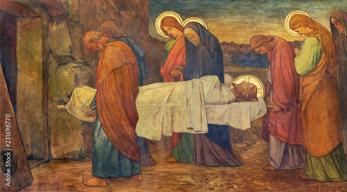 PRAGUE, CZECH REPUBLIC - OCTOBER 13, 2018: The fresco of Burial of Jesus in church kostel Svatého Václava by S. G. Rudl (1900). photo