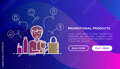 Manager with promotional products for clients. Concept with thin line icons: tote bag, t-shirt, water bottle, pen, backpack, cup, hat, usb, lighter. Vector illustration, web page template.