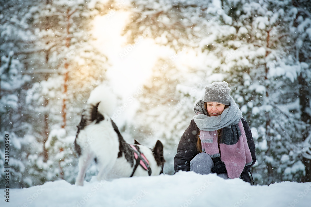 Fototapeta premium Woman playing with dog in snowy forest. Running and jumping happy pet, girl laughing, having fun. Beautiful winter landscape with trees in snow. 