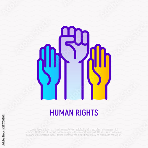 Human rights thin line icon: two raised hands, one with fist. Modern vector illustration.