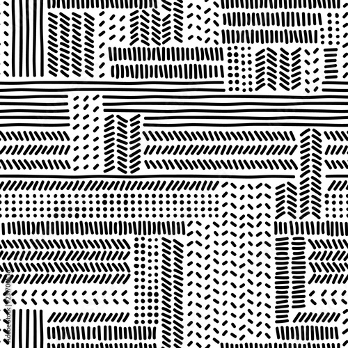 Simple black and white doodle strokes dots and triangles geometric striped seamless patterns set, vector
