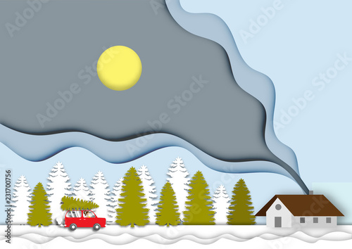 Winter background with beautiful house landscape view  paper cut design vector and illustration