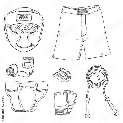 Vector Set of Sketch MMA Training Equipment. Fightwear Outfit.