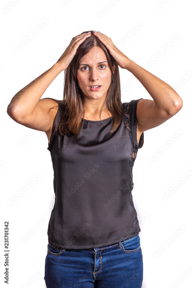 worried and surprise young woman on white background worried and surprise young woman on white background