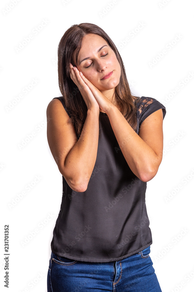 young woman making sleep gesture on white background young woman making sleep gesture on white background