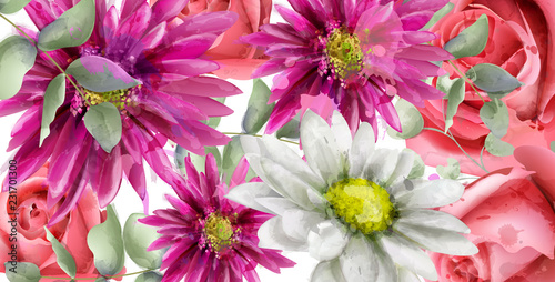 Spring daisy flowers background watercolor Vector. Beautiful vintage pastel p...