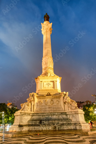 Pedro IV Obelisk at night in Rossio Square, Lisbon
