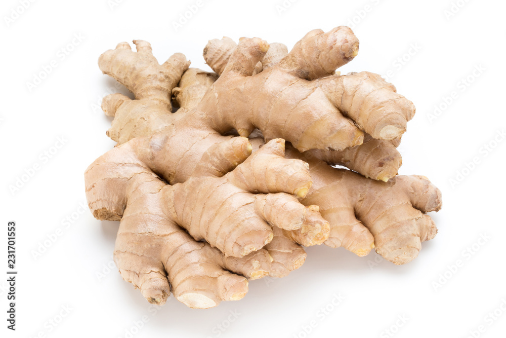 Ginger bio and lemon on white background.