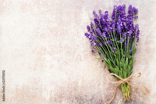 Lavender flowers, bouquet on rustic background, overhead.