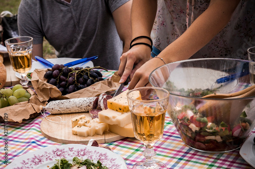 close up of female hands cutting salami and cheese on a picnic table woth wine and salad