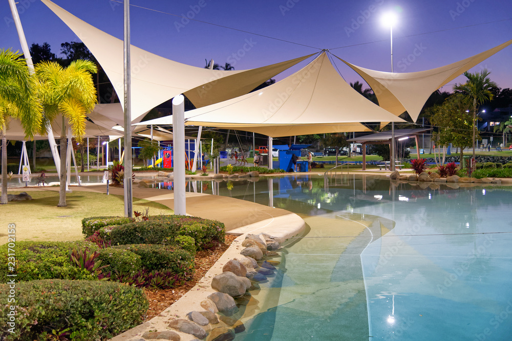 Night view of Airlie Beach promenade and pool at night, Queensland