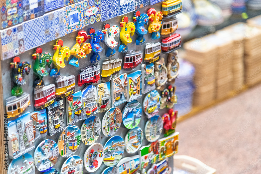 LISBON - OCTOBER 30, 2018: Souvenirs in a local shop. Lisbon attracts 3 million tourists annually