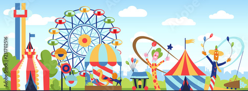 Amusement park. Fun park vector theme, kids carnival entertainments daytime, children amusing attractions cartoon illustration.
