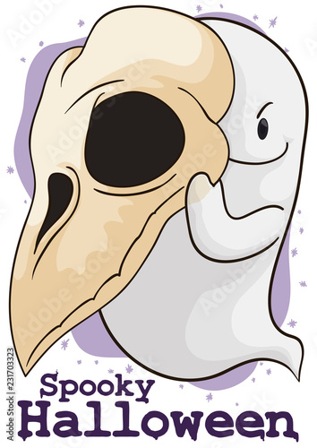 Mischievous Ghost with a Skull for Halloween Pranks, Vector Illustration