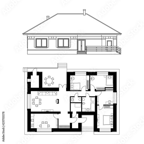 Architectural facade and plan of a house. Vector realistic illustration. Isolated on white background. EPS10