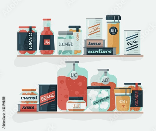 Glass jars and cans with pickled vegetables on shelves. Delicious canned food, organic nutrition, homemade preserves, home preservation. Colorful vector illustration in modern flat cartoon style.