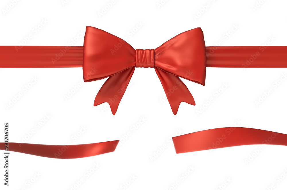 3d rendering of two strips of red gift ribbon, one of them with a bow on a white background. 3d rendering of two strips of red gift ribbon, one of them with a bow on a white background.
