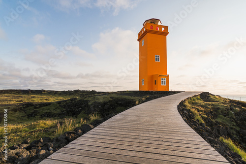 Sunset at Svortuloft Lighthouse,  Snaefellsnes peninsula, Iceland photo