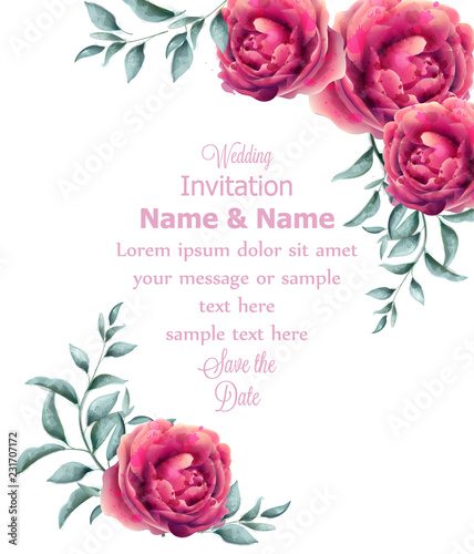 Wedding Invitation rose flowers watercolor frame Vector. Beautiful fuchsia co...