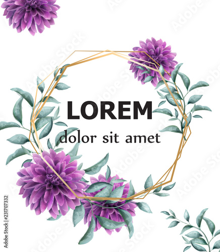 Dahlia purple flowers frame card Vector watercolor. Beautiful abstract golden...