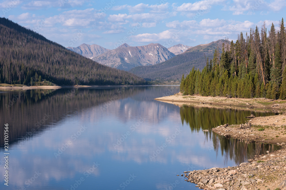 Long Draw Reservoir next to Rocky Mountain National Park in Northern Colorado. The Never Summer Mountain Range is a dominate feature above Long Draw Reservoir.