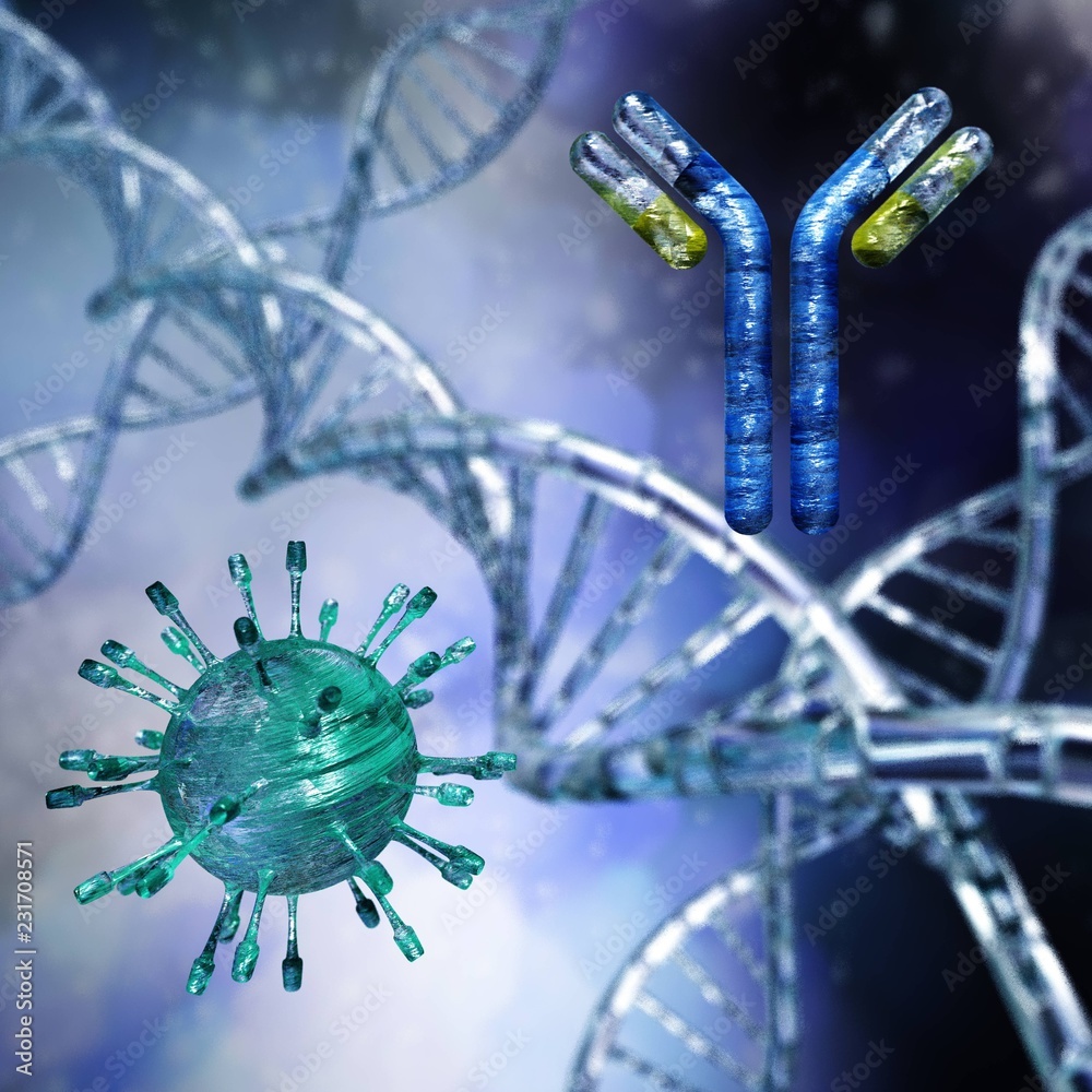 Antibody and virus against DNA, 3d rendering Antibody and virus against DNA, 3d rendering