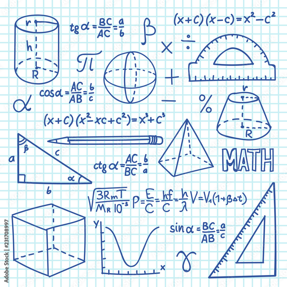 Doodle maths and geometry concept. Trigonometry functions, charts and  mathematical formulas. Vector school education background. Mathematics  formula and geometry function illustration Stock Vector | Adobe Stock