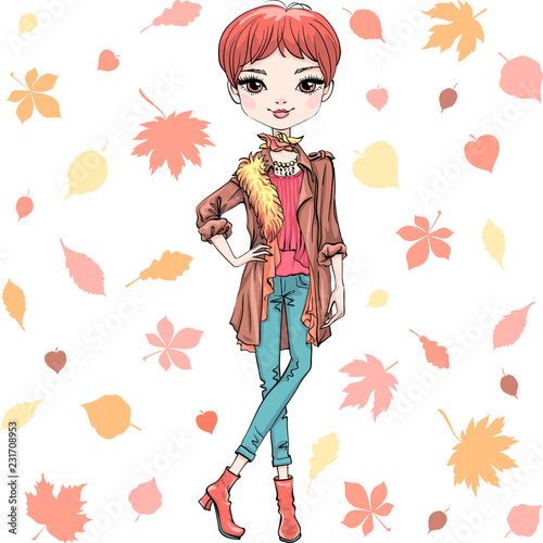 Vector beautiful fashion hipster girl top model in autumn clothes, headscarf and boots, jacket and jeans