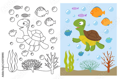 Turtle coloring pages. Cartoon swimming sea animals underwater. Vector illustration for kids coloring book. Underwater sea, turtle animal and fish