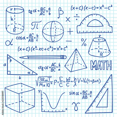 Doodle maths and geometry concept. Trigonometry functions, charts and mathematical formulas. Vector school education background. Mathematics formula and geometry function illustration