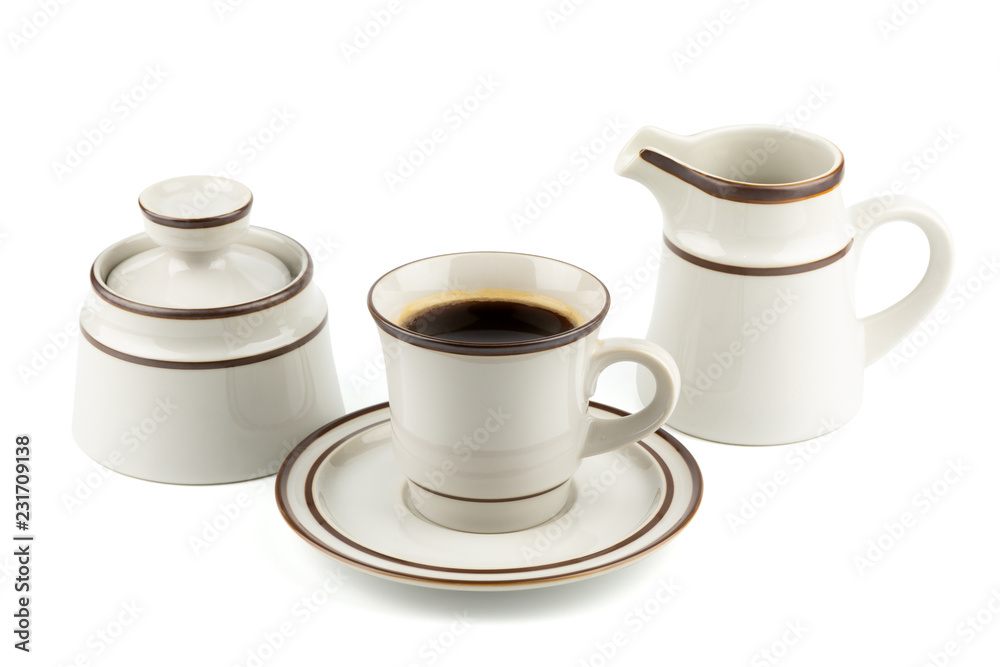Set of Porcelain coffee and tea with sugar bowl and milk container isolated on white background. with clipping path inside. Set of Porcelain coffee and tea with sugar bowl and milk container isolated on white background. with clipping path inside.