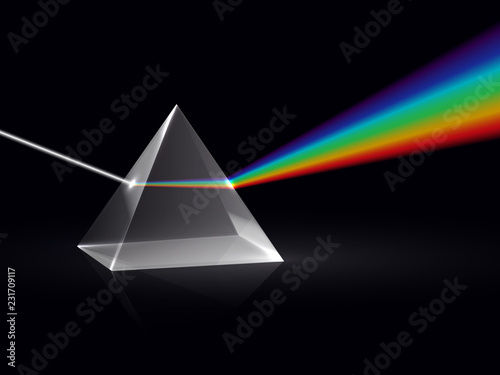 Light rays in prism. Ray rainbow spectrum dispersion optical effect in glass prism. Educational physics vector background. Illustration of prism spectrum light and rainbow refraction photo