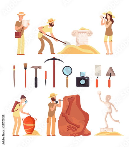 Archeology. Archeologist people, paleontology tools and ancient history artifacts. Vector cartoon isolated set. Illustration of archaeological instrument and discover