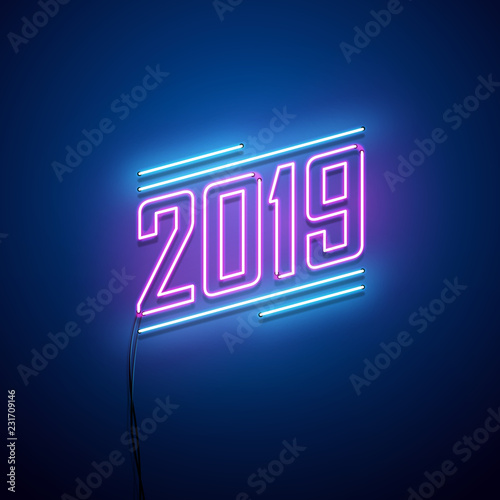 New year 2019 neon sign. Vector background. 